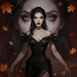 gorgeous female stella maeve magician, realistic character concept, medium shot, elegant pose, spooky, illustration, symmetrical face and body, realistic eyes, artstation, cinematic lighting, detailed realistic symmetrical eyes, cgsociety, 8 k, charlie bowater, tom bagshaw, single face, insanely detailed and intricate elegant, autumn leaves