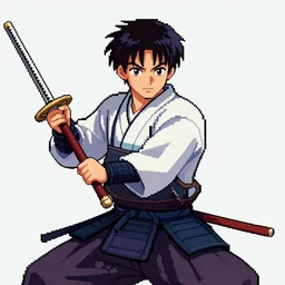 Beautiful samurai pixel art by UltraIndigoNFT and Junji Ito , post-processing , perfectly shaded cel animation, kendo stance