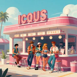james jean illustration, googie style architecture, atomic age, greaser biker gang, greaser biker gang hanging out at the ice cream parlour