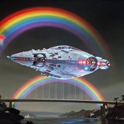floating holographic krang spaceship floating underneath rainbow gate bridge, art by bruce pennington, cinema still, film grain