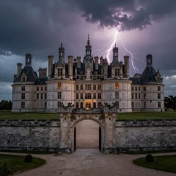 hyper realistic photo, well maintained castle with moody lighting, far away - shot from the front gate courtyard with lightning in the background