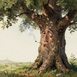 matt painting of an old tree that has facial expressions, smoking a cigarette smoke, in high detail, accurate, fantasy illustration, trending on artstation
