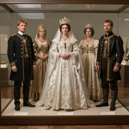 A Russian and Japanese mix 1900s historical fantasy portrait of a empress bridal ensemble featured inside of a museum.