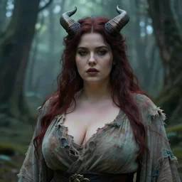 close - up of a curvy woman with demon horns in tattered robes. in a dreamy fantasy forest. cinematic. detailed. digital painting. 4 k, ultra - high - definition
