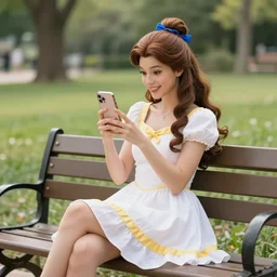 Belle from Disney's Beauty and the Beast playing with an iPhone while sitting on a bench in a park. She has on a white summer dress with yellow accents and a blue ribbon in her hair.