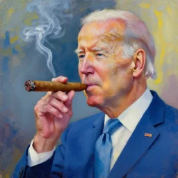 oil painting of joe biden smoking a cigar, bright, impressionist colors