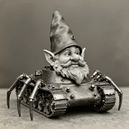 a dnd gnome head in a tank, mechanical spider legs, steam punk style, 1920s photograph