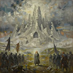 craig mullins epic oil on canvas painting of a lord of the rings atmospheric landscape, mordor, line art!!, ink, art concept for a book cover!!, harmonic colours, thik brushstrokes, soldiers with banners, movie still, game of thrones concept art, highly detailed, centered, hyperrealism, romantic, smooth, sharp focus trending on artstation, by greg manchess and by ismail inceoglu and by kilian eng and by jake parker
