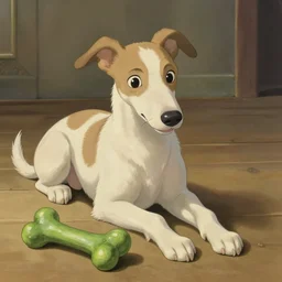 cute white brown greyhound, green toy bone on floor, natural lighting, path traced, highly detailed, high quality, digital painting, by don bluth and ross tran and studio ghibli and alphonse mucha, artgerm