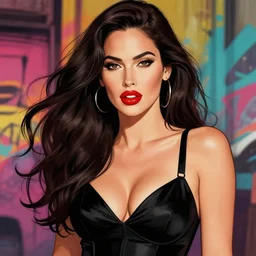 closeup portrait beautiful seductive megan fox with long windblown hair in a black party dress, red lipstick, glamour pose, detailed illustration, digital art, trending on artstation, arney freytag, graffiti, gta 5,