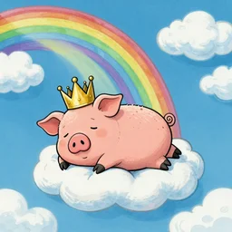 trippy comic art of a pig wearing a gold crown sleeping on a rainbow in the sky with white clouds, drawn by Martin Rowson, Tim Burton, Studio Ghibli, Alex Pardee, Nekro Petros Afshar, James McDermott, colors by lisa frank, unstirred paint, vivid color, cgsociety 4K