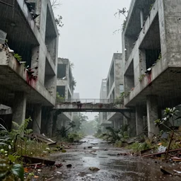 post apocalyptic bridge, raining, building, avenue, modern contemporary urban americana concrete architecture, by pascal blanche, neil blevins, apocalyptic color palette, trending on artstation, photorealistic, wilderness ambiance, ultra detailed, high definition, depth of field, bokeh, rubble, wild vegetation, blood stains, building crumbling