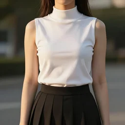 Woman in White Sleeveless turtleneck t-shirt and black pleated skirt. Highly detailed, 50mm, cinematic, hyperrealistic, golden hour, 8k