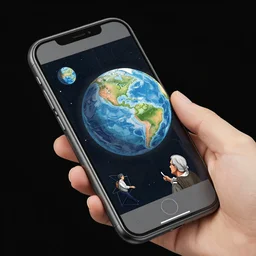 illustration of a mobile phone with a planet inside the screen going out of it, 1 st person, detailed and intricate forty five degree isometric, cross john berkey and vincent di fate and ralph mcquarrie, maurits cornelis