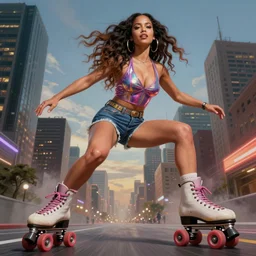 gorgeous!! hyper - realistic giant woman resembling ana de armas on roller skates destroying a city | drawn by artgerm, drawn by wlop