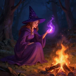 female wizard in a starry conical hat casting a soothing purple spell near a crackling campfire at night in the woods, dramatic light, digital painting, artstation style, boris vallejo,