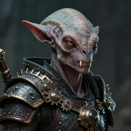 art by greg rutkowski, portrait of a mammalian humanoid alien, pointed ears, feral appearance, noticeable fangs, predatory eyes, wearing an futuristic gear that looks like a mix between viking, samurai and templar culture, sharp focus, cinematic lighting, artstation hq.