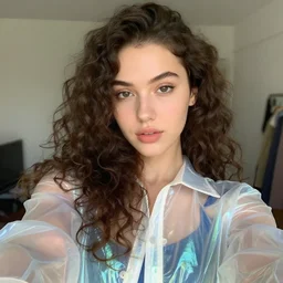 selfie of a young woman, wearing a translucent and iridescent jacket, curly long hair, caucasian, sigma 85mm f/1.4, 4k, depth of field, high resolution, 4k, 8k, hd, full color
