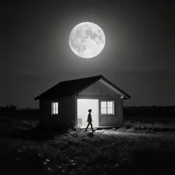 minimalistic house in the wood, big moon, walking boy, artwork by Rene Magritte, night, pinhole analogue photo quality, monochrome, blur, unfocus, cinematic, 35mm