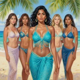 portrait of beautiful indian woman on vacation on caribbean island, wearing cerulean bandini. intricate painting by ross tran, magali villeneuve, and jeremy mann.