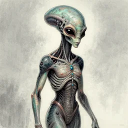 a color grunge drawing of a pleiadean extraterrestrial, in the style of ryan hewett and a quentin tarantino character, biometric, loony toons style, horror themed, detailed, elegant, intricate, trending on artstation, 4 k