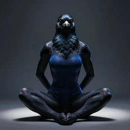 character concept portrait, symmetrical, black canary, sitting with her arms tucked behind her back, dark blue leotard costume, bust, curvaceous, medium shot. detailed, high quality, dynamic lighting, high contrast with dark background, fantasy, reflective, spotlight. digital artwork by artgerm, wlop, alex ross, greg rutkowski, alphonse mucha