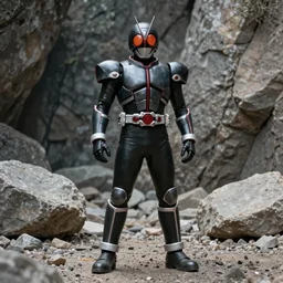 Biomechanical Kamen Rider standing in a rock quarry, single character, full body, 4k, daytime, glowing eyes, rubber suit, biomechanical armor, MCU costume, tokusatsu, cosplay, ultra realistic, high quality, cinematic, centered, octane render, cinematography