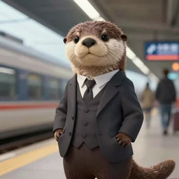 anthropomorphic furry otter wearing a suit in a train station, trending on art station, furaffinity, comic book