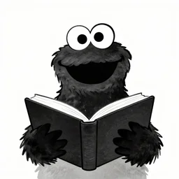 book illustration of cookie monster with eight eyes, book illustration, monochromatic, white background, black and white image