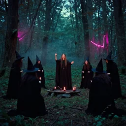 witches performin a ritual in the forest, film still from the movie directed by wes anderson with art direction by zdzisław beksinski, wide lens, neon lights,