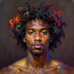 symmetry, James Jean artwork, african man, curly hair, colourful