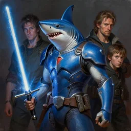 blue shark in chestplate, holding a lightsaber, d & d, fantasy, highly detailed, portrait, oil, matte, digital painting, trending on artstation, dramatic illumination, ultra realistic, sharp focus, 4 k, art by ruan jia and artgerm and wlop and rutkowski