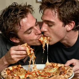 tobey maguire kissing tobey maguire, kinda wet and sloppy, drooling, while eating messy greasy pizza