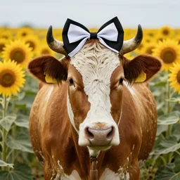 a southern belle cow with a black and white bow on head, sunflower background, 4k, rustic colors, country style