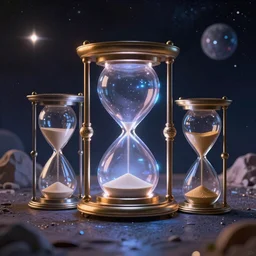 A magic portal in the outer space with a sandglass next to it