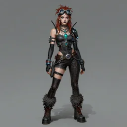 a cybergoth woman wearing goggles and eccentric jewelry by brandon graham comic artist :: full body character concept art, detailed, intricate