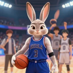 beautiful portrait of a female anthropomorphic rabbit fursona wearing a basketball uniform. basketball stadium background. character design by disney, charlie bowater, ross tran, artgerm, and makoto shinkai, detailed, soft lighting, rendered in octane
