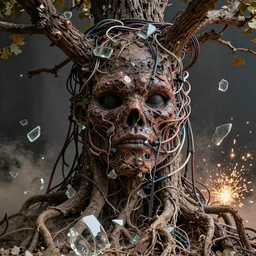 meaty complex strings and cables creature, face tree roots strangled, oak, glass debris pieces, dust particles, dramatic lighting, electronic wires, fire sparks, high resolution photo,