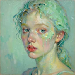 portrait of a beautiful girl, liquid paint dripping over face, brush strokes all over, intimate, pastel shades of green, beautiful face, rule of thirds, spotlight, expressive, passionate, by vincent van gogh, by greg rutkowski, by tom bagshaw, by jeremy mann, by francoise nielly, oil painting