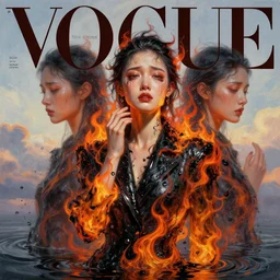 3 d, crying fashion model, flame, liquid black and orange water, morning, vogue cover style, poster art, high detail, intricate oil painting, multiple exposure, heaven mood, hyperrealism, 3 d, by tooth wu and wlop and beeple and greg rutkowski