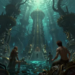 too deep too safe, scenes from drowned atlantis, fantasy digital art, highly detailed, limited color theme, artstation, by rodney matthews, by james gurney