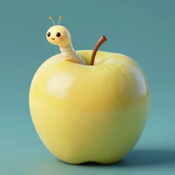 a small cute worm sticks it's head out of a ( golden delicious ) apple, digital art, octane render