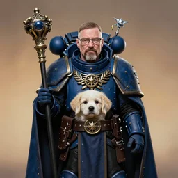 full character potrait of a genetic combination between walter white & cute puppy, holding a ceremonial staff, wearing a cloak, zdzislaw beksinski, lewis jones, dariusz zawadzki, wayne barlow, warhammer fantasy, cold hue's, warm tone gradient background, concept art, 4 k, ultra - high - definition