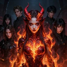 a beautiful portrait of a young Demon girl covered in deep colourful flames by Greg Rutkowski, Sung Choi, Mitchell Mohrhauser, Maciej Kuciara, Johnson Ting, Maxim Verehin, Peter Konig, Bloodborne , 8k photorealistic, cinematic lighting, HD, high details, atmospheric , trending on artstation