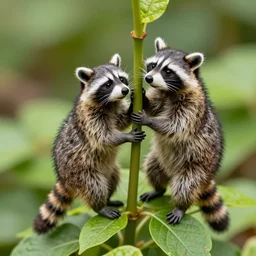 4K miniature raccoons climbing a plant