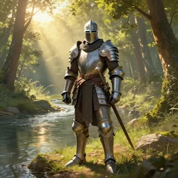 A highly detailed 4K fantasy matte painting of a heavily armored medieval guard standing on a river bank in a forest during the golden hour in summer, volumetric sun rays and dust, water reflection, Thomas Kinkade, Greg Rutkowski, ArtStation, CGSociety, Unreal Engine