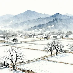 countryside in china, winter, trees, mountains, watercolor-wash