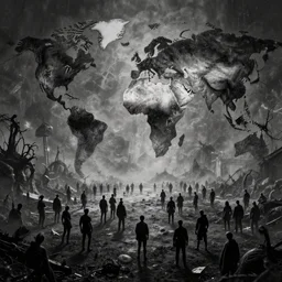 hellish World, many people, monochrome, by Greg Staples