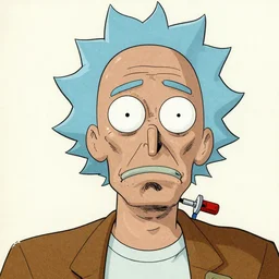 Rick Sanchez as badass space cowboy in retro science fiction cover by Moebius, vintage 1960 print, inked, detailed, trending on artstation, extremely detailed face