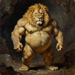 oversized muscular lion as punk rocker  human legs full body portrait pose , very textured detailed oil painting by rembrandt , hard backlight , in dark cave